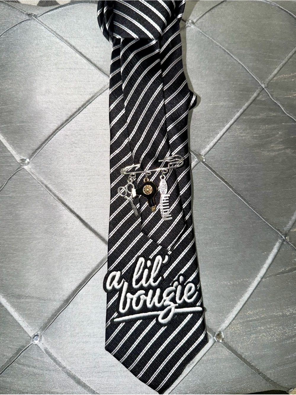 Black & White Striped Necktie with 'a lil' bougie' Embroidery